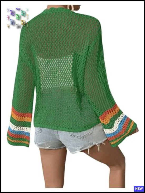 Floral Crochet Cardigan Open Front Long Sleeve Loose Boho Chic Sweater - Picture 2 of 6